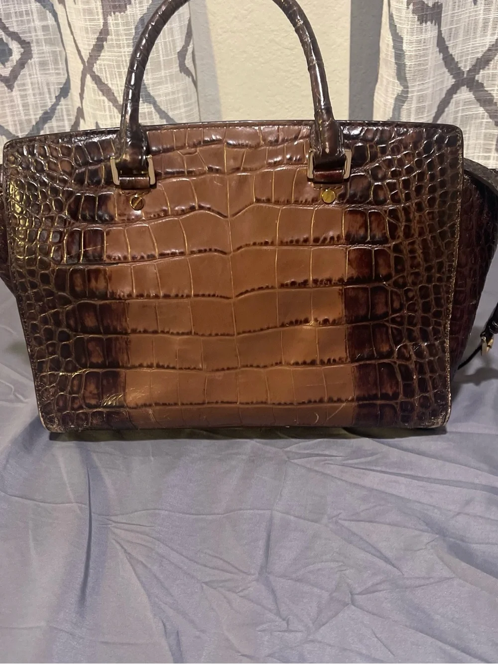 Michael Kors Two-Tone Brown Croc-Embossed Leather Satchel with Gold Hardware